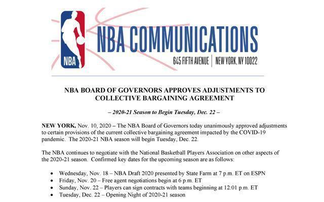 NBA官网宣布：本赛季NBA将在12月23日开赛