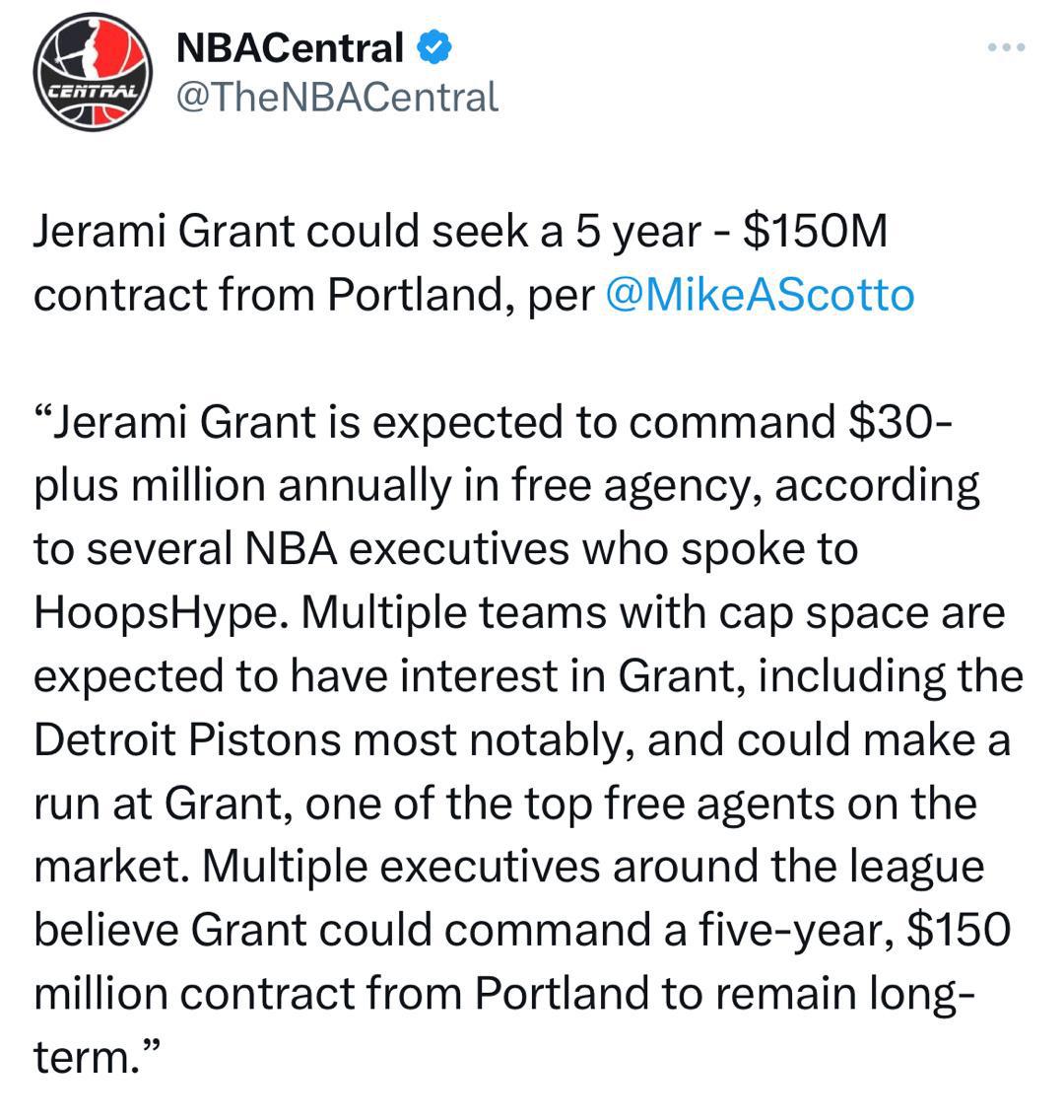 Scotto：格兰特可能会向开拓者寻求5年1.5亿美元的合同 据几位NBA高管在(1)