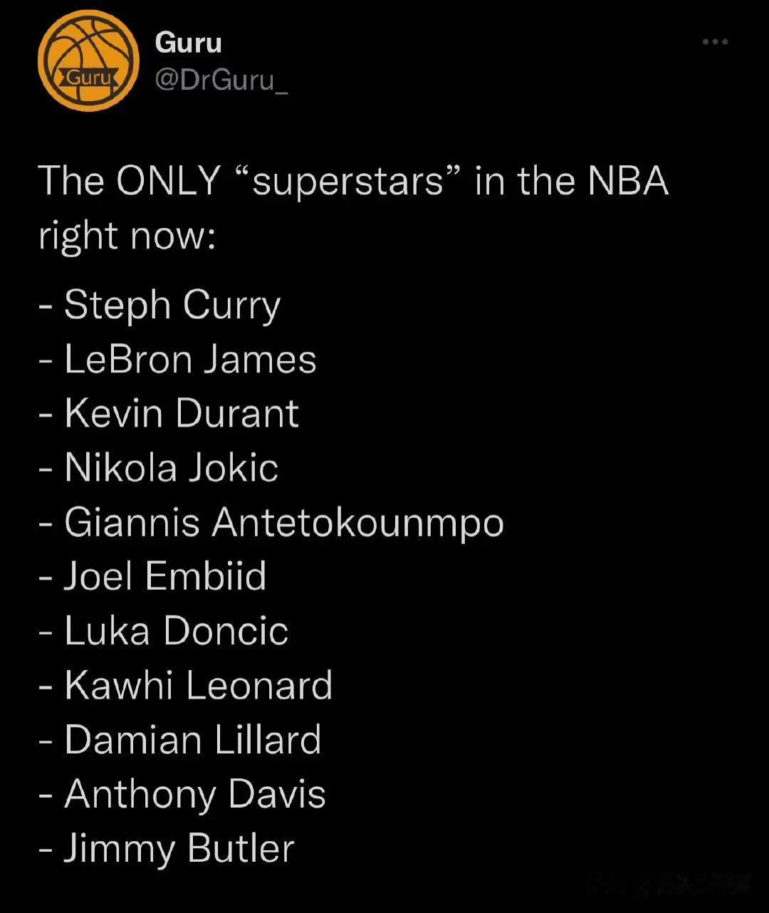美媒发布：目前NBA只有这些人是超级巨星 ！

库里、詹姆斯、杜兰特排名前三！
