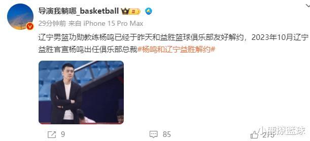 正式确定！杨鸣卸任辽宁益胜篮球俱乐部总裁一职，或重返CBA执教(1)