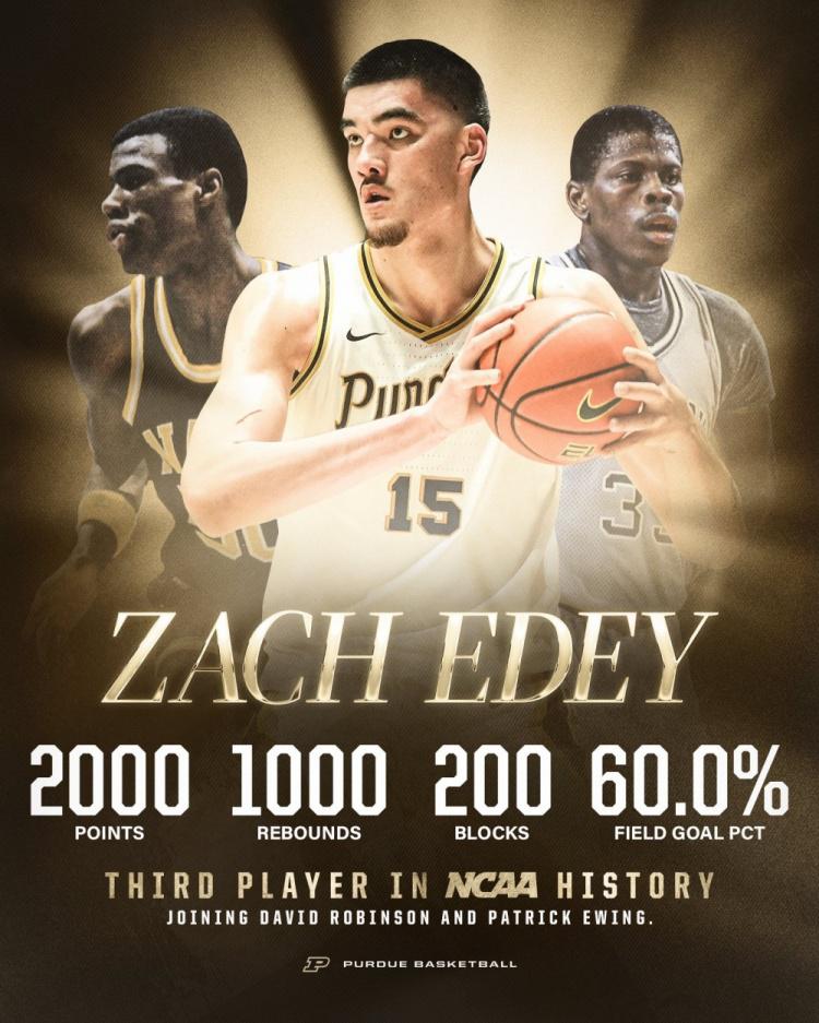 扎克-埃迪砍2000分1000板200帽且命中率60%+ NCAA历史第3人