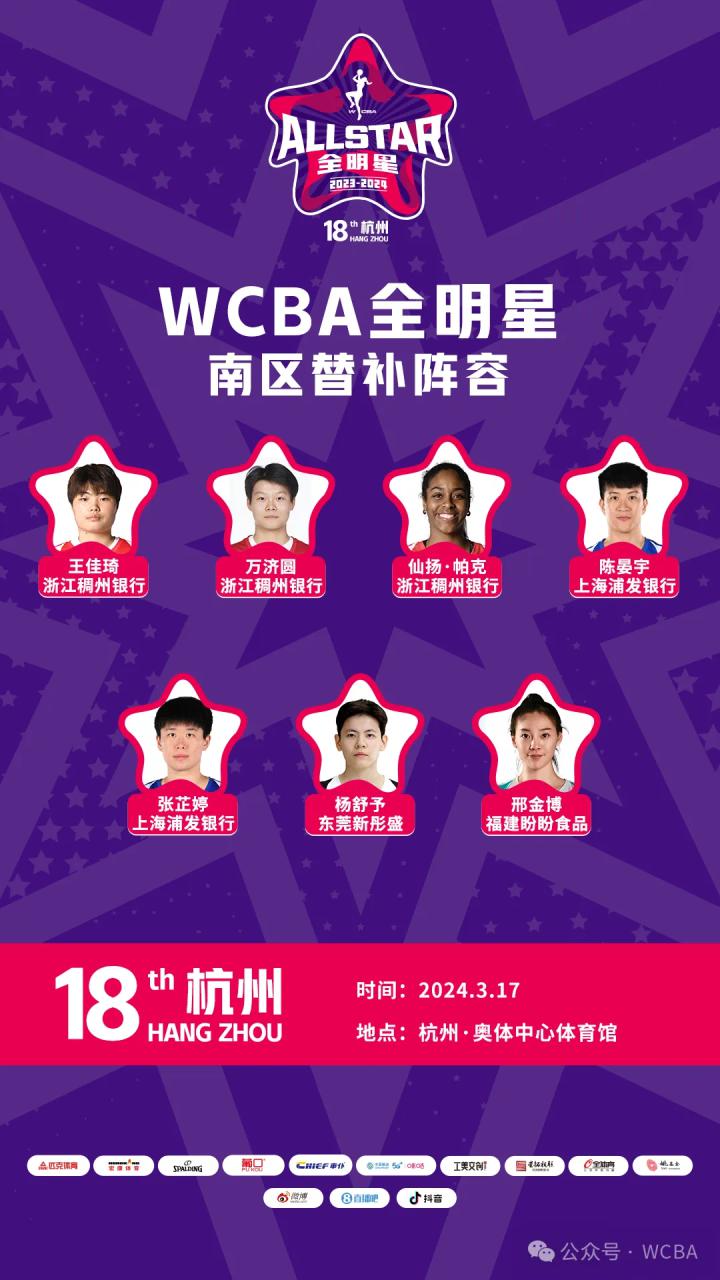 WCBA全明星正赛替补阵容出炉，浙江女篮王佳琦、万济圆、帕克三人入选(1)