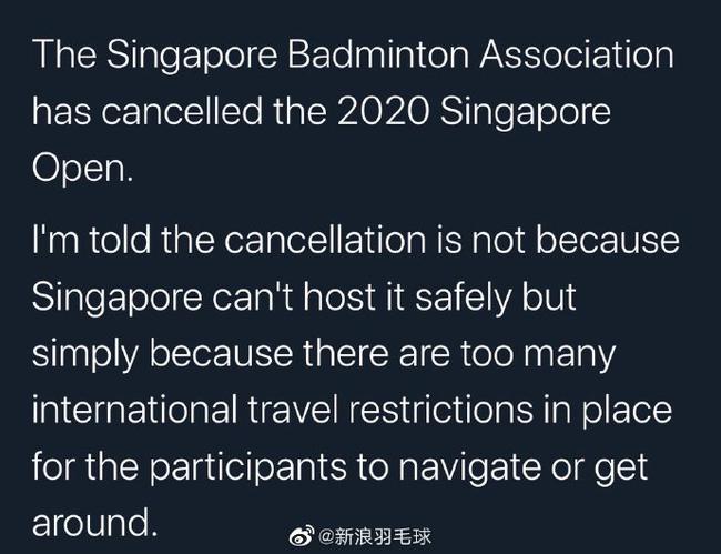受新冠疫情影响 新加坡羽协取消举办新加坡公开赛