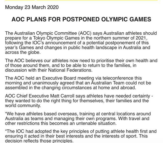 澳大利亚奥委会：运动员应为2021年东京奥运做准备