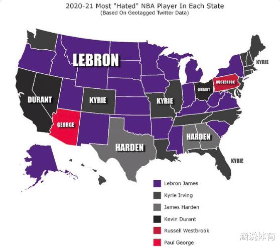 美媒统计令人讨厌的球员，詹姆斯独占24州，竟和篮网三巨头齐平