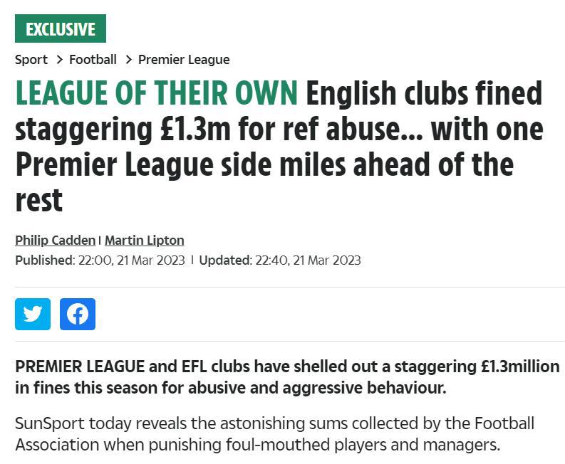 按照《太阳报》的统计，本赛季英足总通过对俱乐部的罚款已经收入了127万英镑，他们
