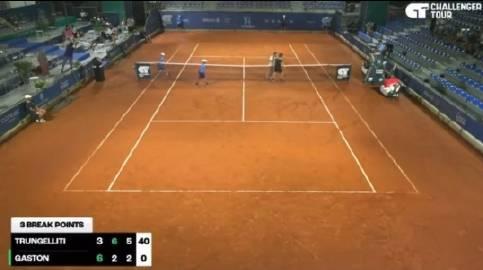 意大利维罗纳ATP挑战赛首轮，2号种子加斯东在决胜盘2-5、0-40落后面临赛点