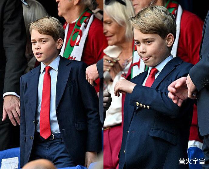 10岁乔治小王子飞法国看比赛，系红领带和大人谈笑风生，威廉仍难放心(2)
