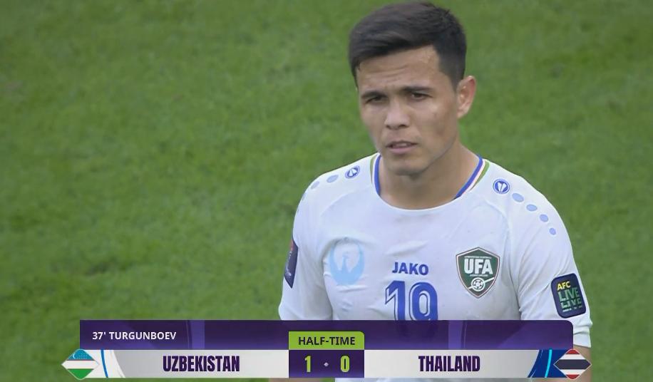半场-图尔贡博耶夫首开记录 乌兹别克斯坦暂1-0泰国