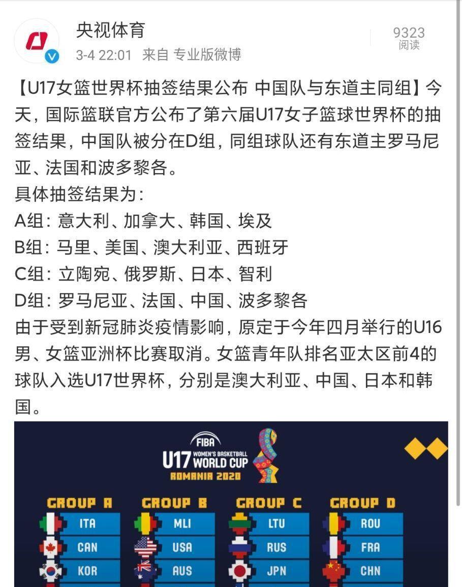 U17女篮世界杯抽签结果出炉：中国与东道主同组！(1)