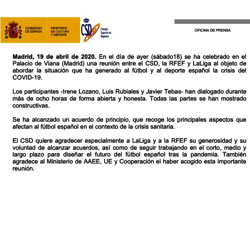官方: 经西班牙政府调停, 足协与Laliga暂时搁置分歧