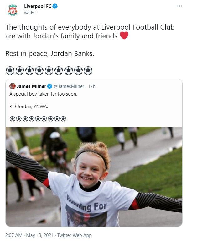 一9岁利物浦球迷踢球时遭雷击身亡, 利物浦官方发文悼念