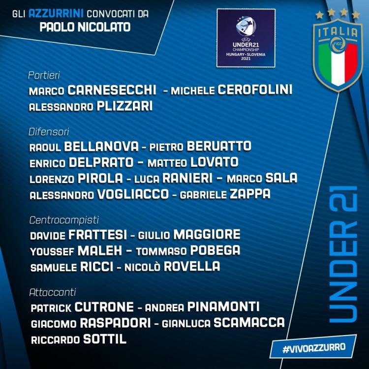 意大利U21队大名单: 皮纳蒙蒂领衔, 拉斯帕多里、库特罗内入选