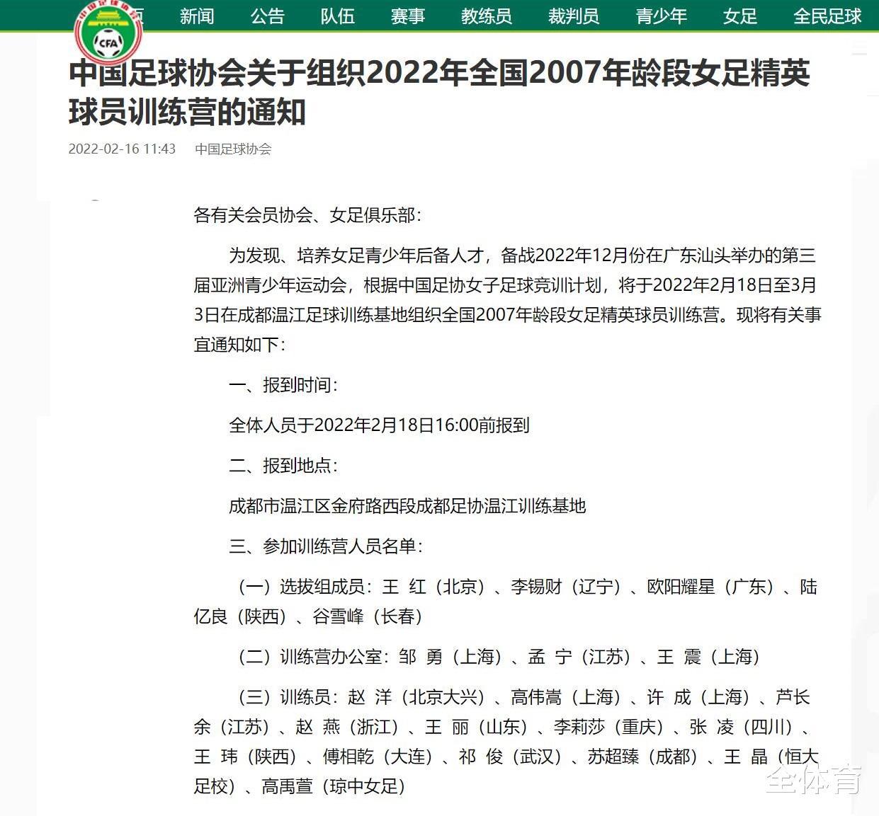 中国足协组织07女足精英训练营，106名队员入选，武汉市足协3名(1)
