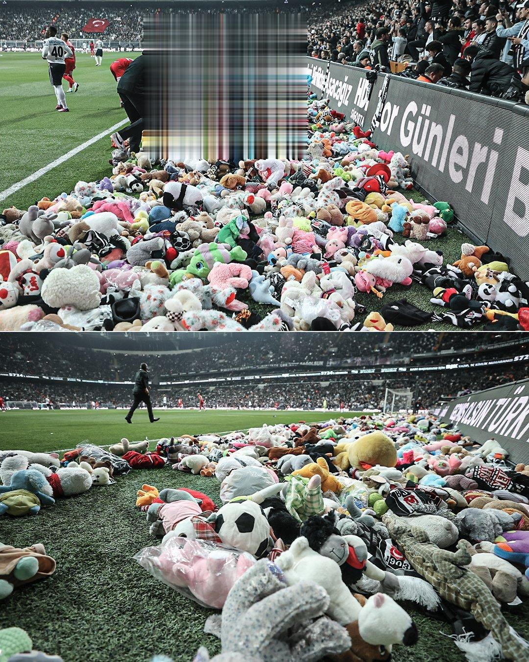 土耳其球队贝西克塔斯的球迷们将毛绒玩具扔到球场边，纪念地震中遇难、失联的孩子们[