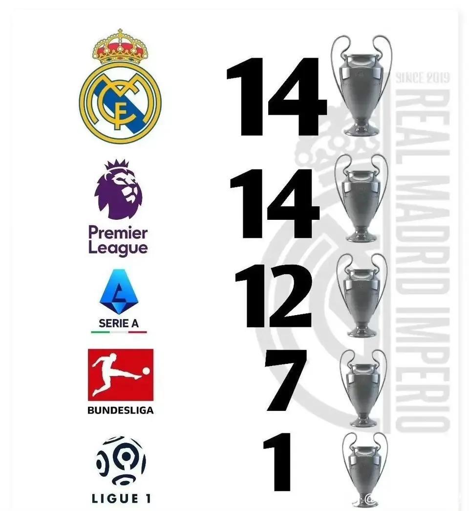 欧冠之王皇家马德里，其他联赛能追上吗？

皇马14个欧冠冠军。
英超球队加起来1