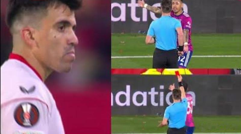 欧联杯，裁判出示了第二张黄牌，但忘记出示红牌，帕雷德斯提醒裁判罚下他的阿根廷队友(1)