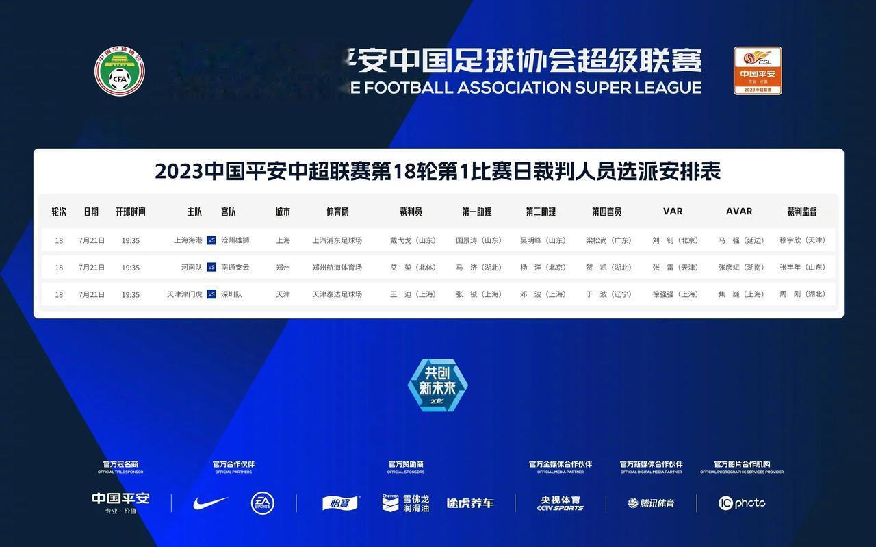 中超联赛官方今日公布第18轮裁判安排！转播计划表公布！

7月21日19点35分(1)