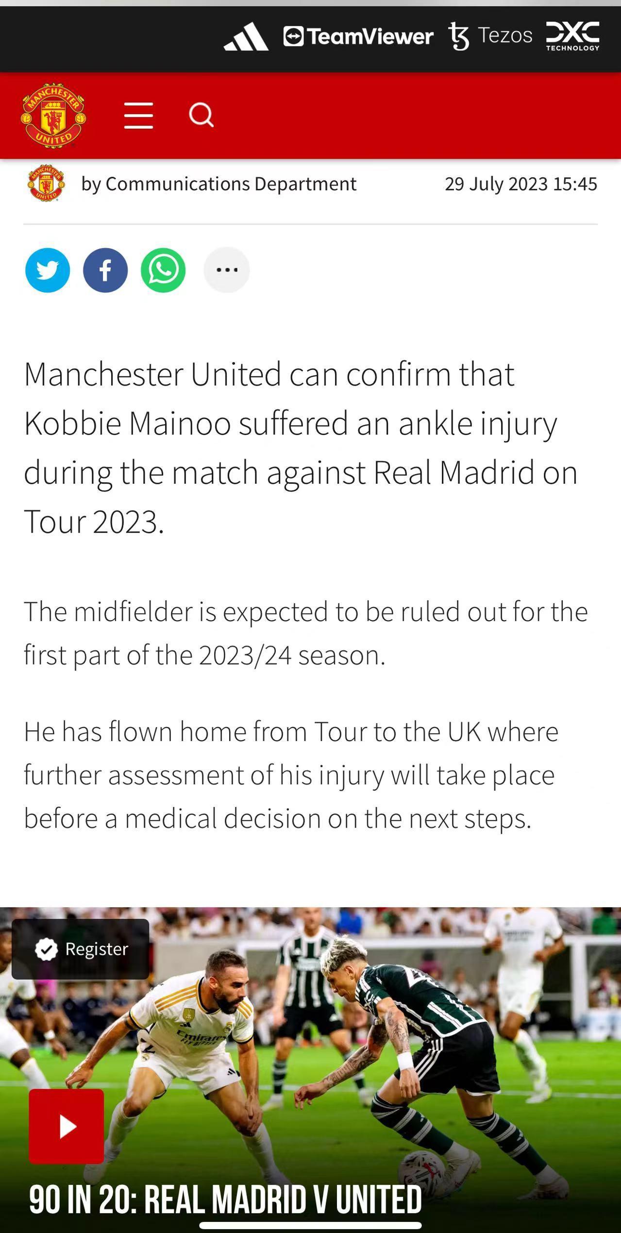 曼联官方宣布：梅诺已经飞回英格兰，他将缺席曼联新赛季第一阶段的比赛

很多人认为(1)