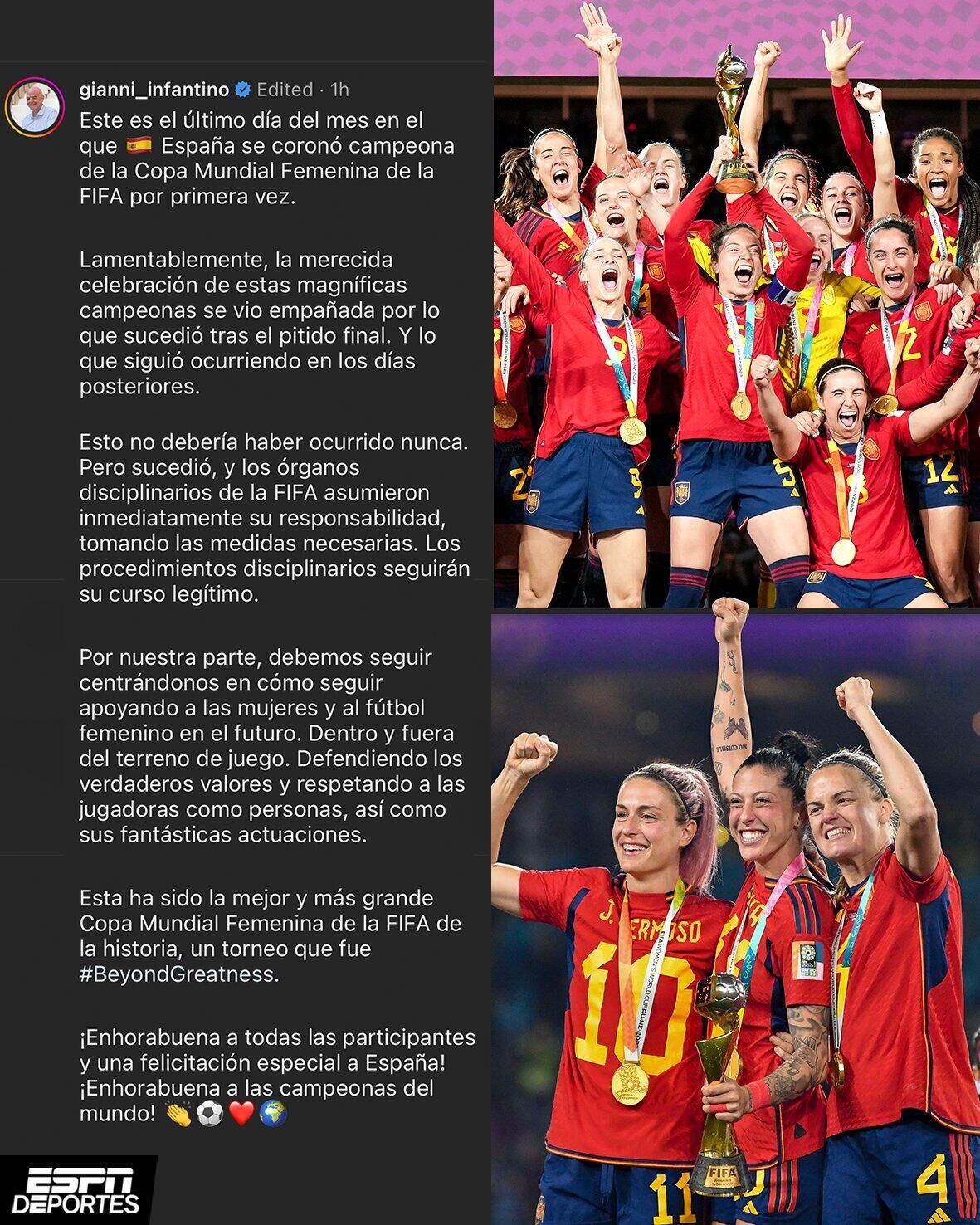 因凡蒂诺：祝贺西班牙女足夺冠 很遗憾庆祝活动被赛后事情沾污